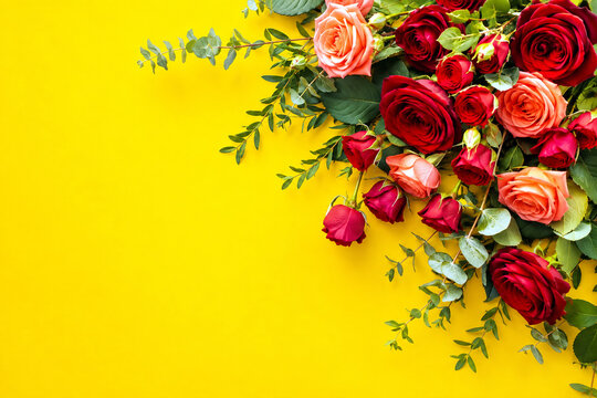 Premium Floral Rose Background with Red and Coral Roses on Bright Yellow with Copy Space