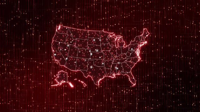Futuristic red USA data map illuminated regional points 19 lines. cyber risk, incident response, system monitoring, security operations, critical infrastructure national network visualization.