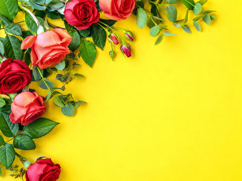 Premium Floral Rose Background with Red and Coral Roses on Bright Yellow with Copy Space