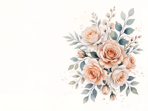 Elegant Watercolor Peony Floral Border with Soft Pink Flowers and Green Leaves on White Background with Copy Space