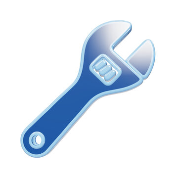 Blue adjustable wrench icon featuring a worm screw mechanism and glossy metallic finish in a three-dimensional rendering isolated on a transparent background