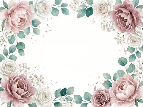 Elegant Watercolor Floral Frame with Blush Peonies, Roses and Eucalyptus Leaves on White Background
