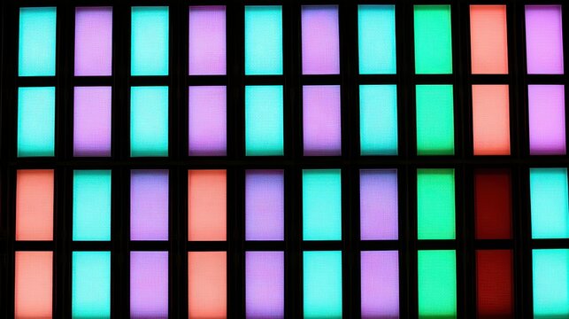 Neon glowing rectangular grid pattern with vibrant multi-colored light panels