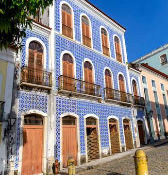 An old mansion with an 18th-century Portuguese tile facade in the city of Sao Luis in Maranhao