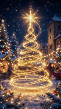 M&aacute;gico &aacute;rbol de Navidad dorado formado por espirales de luz brillante y una gran estrella resplandeciente en la cima.