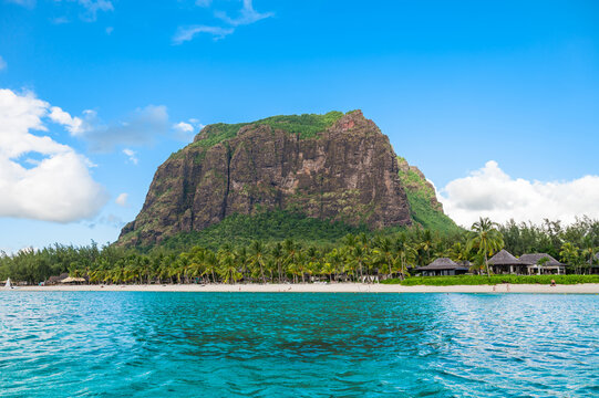 Beautiful Sea View of Le Morne Brabant Mountain and Tropical Beach in Mauritius Island