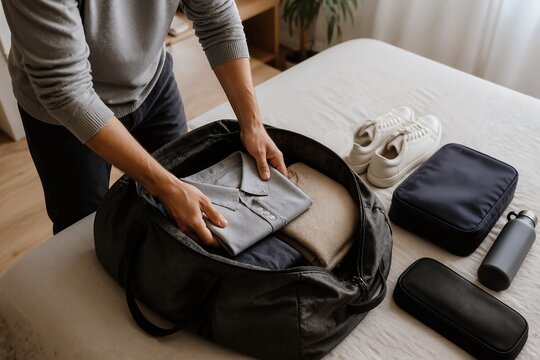 Packing bag with clothes, sneakers, and accessories for travel. Person organizes clothing items neatly inside black duffel bag, preparing for upcoming trip.