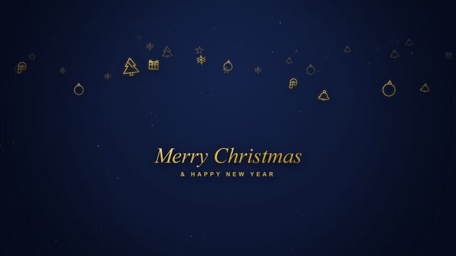 Merry Christmas and Happy New Year greeting text with golden icons