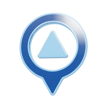 Blue glossy map pin pointer icon symbol with triangle shape inside rendered in three dimensions on transparent isolated on a transparent background