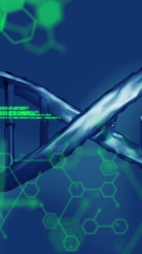 Medical data processing over dna structure spinning against blue background