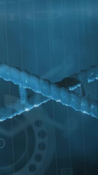 Dna structure spinning over medical data processing against blue background