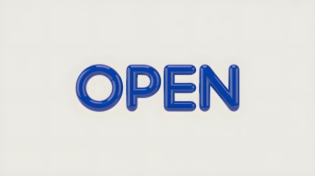 Blue foil balloons spelling the word open isolated on a plain light grey background for business signage