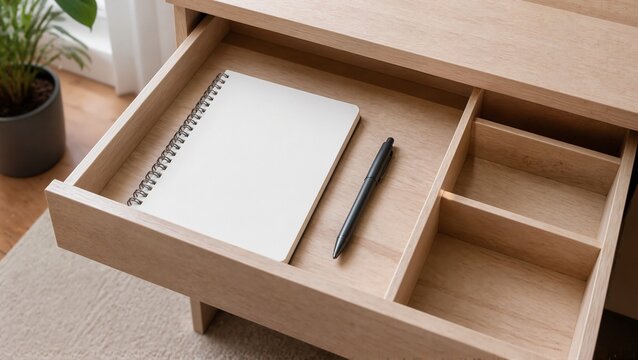 Minimalist workspace with wooden drawer and blank notebook beside pen. Drawer includes organized sections for office supplies, showcasing decluttering and minimalist lifestyle.