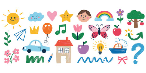 Fototapeta premium A collection of colorful hand-drawn doodle for children featuring a sun, cloud, heart, star, rainbow, flower, tree, butterfly, house, car, and boat on white