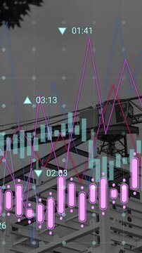Animation of financial data processing over construction site