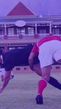 Animation of glowing lights over diverse rugby players in sports stadium