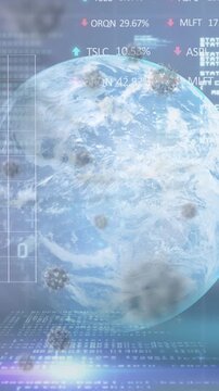 Animation of a globe spinning over graphs and data recordings and hydroalcoholic gel