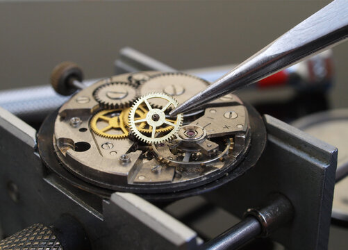 Tweezers positioning complex watch gears for precise mechanical repair