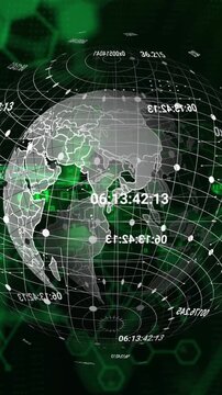 Animation of globe rotating over scientific data on black background