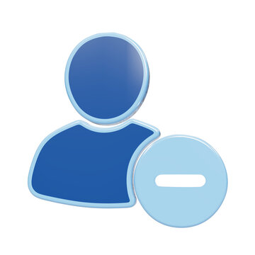 Glossy 3D blue remove user profile icon featuring a minus sign button symbol on a dark background isolated on a transparent background