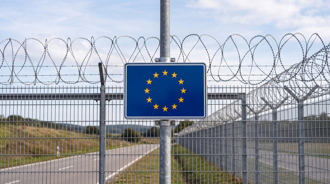 European Union border sign on barbed wire fence during daytime with clear sky