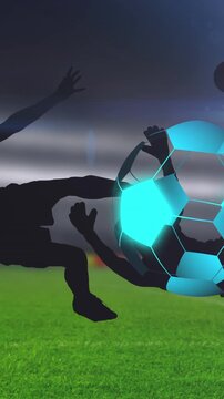 Animation of neon soccer ball over sport stadium and soccer player silhouettes