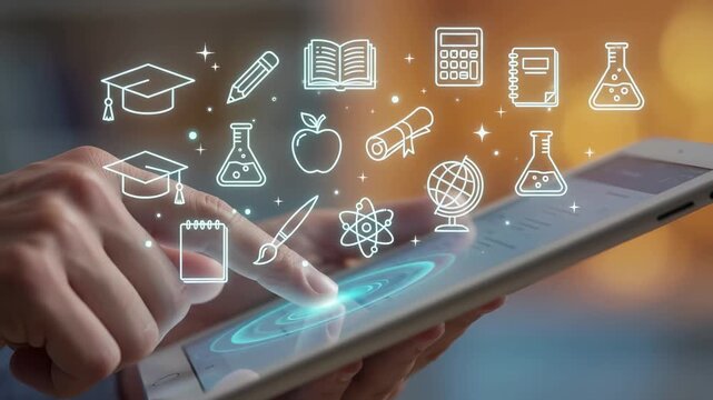 Online learning and education through a digital tablet with knowledge symbols for science, chemistry, graduation and study. Modern elearning technology connects students to academic courses, research