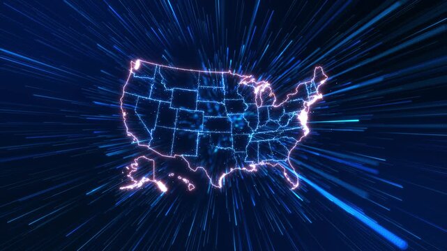 Futuristic USA map radial data streaks creating a sense of speed nationwide connection. broadband expansion, telecom networks, cloud services, fast , digital infrastructure modern connectivity videos.