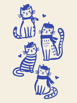 Cats in Naive Style Doodle Set Illustration