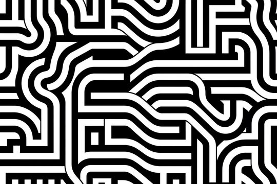 Black and white abstract seamless pattern with rounded maze tracks and organic