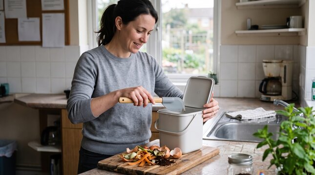 Woman composting kitchen scraps in a bin at home