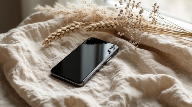 Modern black smartphone lies on beige linen fabric. Minimalist mobile device with blank screen rests near dried wheat, aesthetic plants. Elegant tech gadget on textured textile surface creates cozy