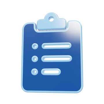 Glossy blue 3D clipboard icon with checklist bullets and task bars for organization and productivity isolated on a transparent background
