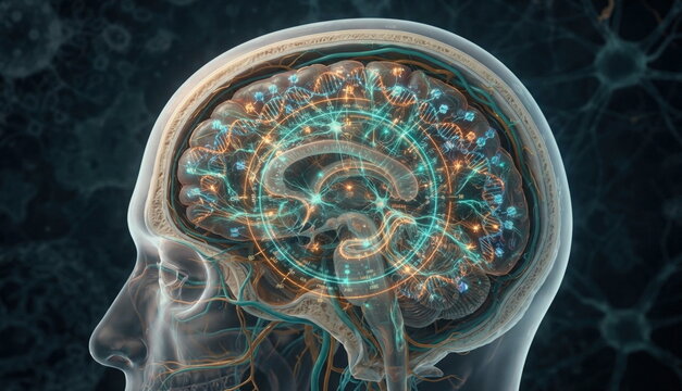 Midlife brain cutaway with dna methylation strands, epigenetic clock rings, and synaptic networks linked to aging biology