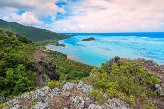 Panoramic View of Le Morne Brabant Lagoon and Coastline in Mauritius. 