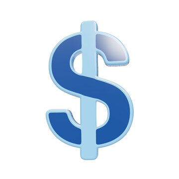 Glossy blue 3D dollar currency sign icon with light blue borders and reflective surface on white background isolated on a transparent background