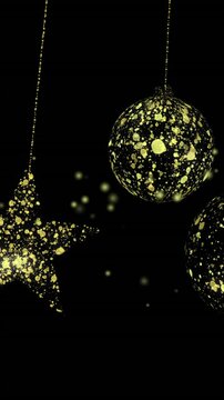 Animation of dots over golden stars and baubles on black background