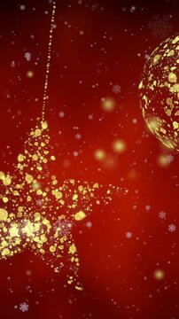 Animation of dots over golden stars and baubles on red background