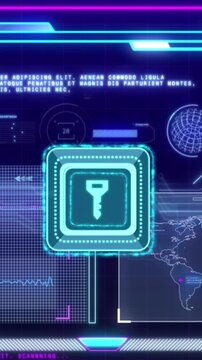 Animation of key icon over data processing on black background