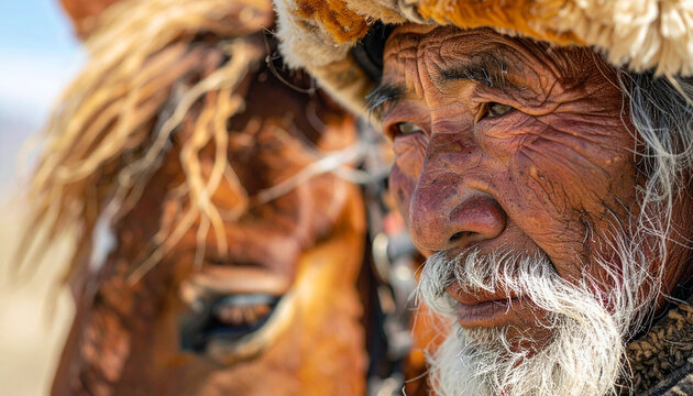 Mongolian nomad - close-up portrait on the steppe