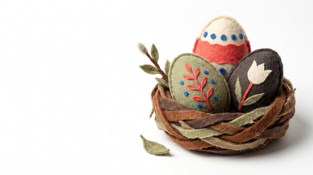 Decorated Easter eggs nestled in a natural woven basket  