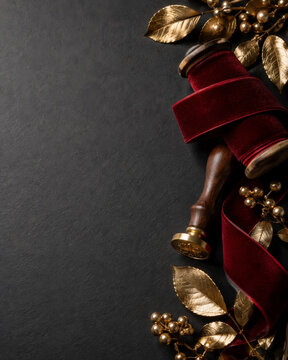 Luxury Christmas Background with Red Ribbon and Gold Foliage