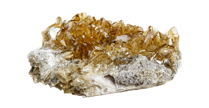 Natural tabular barite mineral specimen with golden honey crystals. Professional educational template for science textbook, geology research and museum exhibition