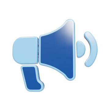 Glossy blue 3D megaphone icon emitting sound waves, representing communication, announcements, marketing, and public relations isolated on a transparent background
