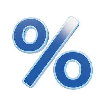 Glossy blue 3D percentage sign icon with light blue borders and reflective surface on a white background isolated on a transparent background