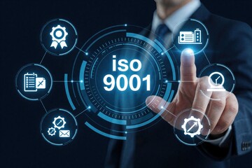 Obraz premium Businessman touches digital screen with ISO 9001 logo. Man interacts with quality management system interface. Tech concept shows certification process, compliance standards, business audit tools.