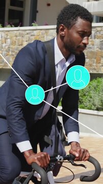 Animation of connections with data processing over african american businessman with bike