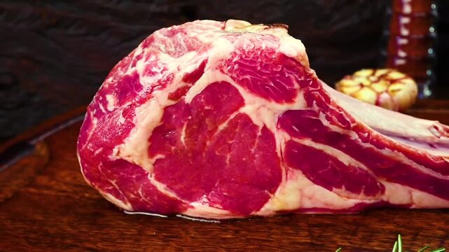 Premium raw tomahawk steak, a thick bone-in ribeye with a striking long rib bone, displayed on a wooden board alongside garlic and spices. Ideal for barbecue and gourmet cooking.