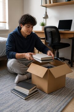 Young man organizing books in cardboard box for decluttering and minimalism process. Individual embraces minimalist lifestyle by sorting items to create tidy living space.