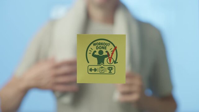 Athletic individual sticking a yellow note with a workout done icon on a transparent surface, celebrating the completion of a fitness goal and feeling a sense of accomplishment